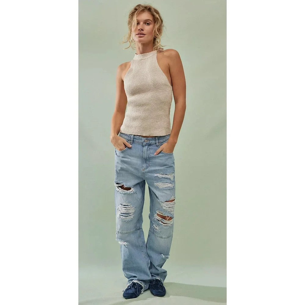 FREE PEOPLE WE THE FREE DISTRESSED CRVY LESSON LEARNED STRAIGHT LEG JEANS 34S 34